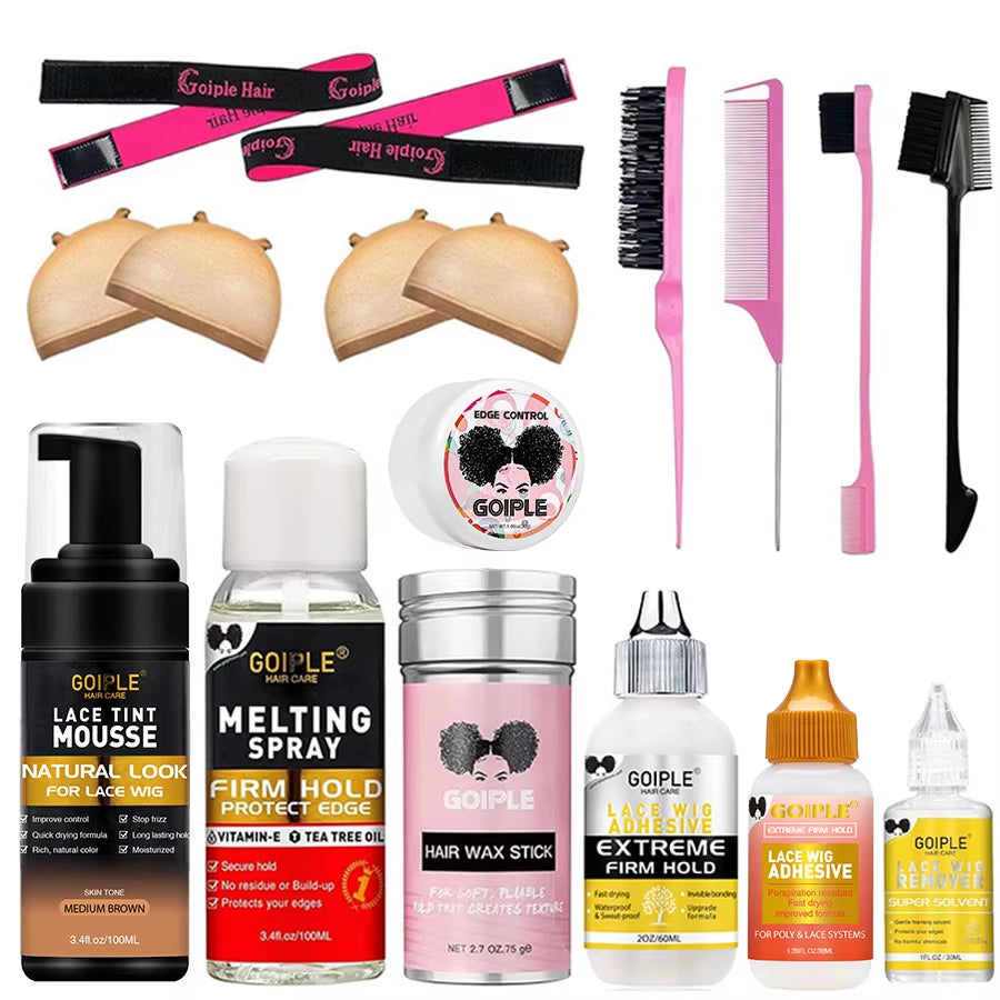 Wig Installation Kit Set for Lace Wig Install Sweat-Resistant Lace Tint Mousse Firm Hold Melting Spray Lace Wig Glue for Wigs