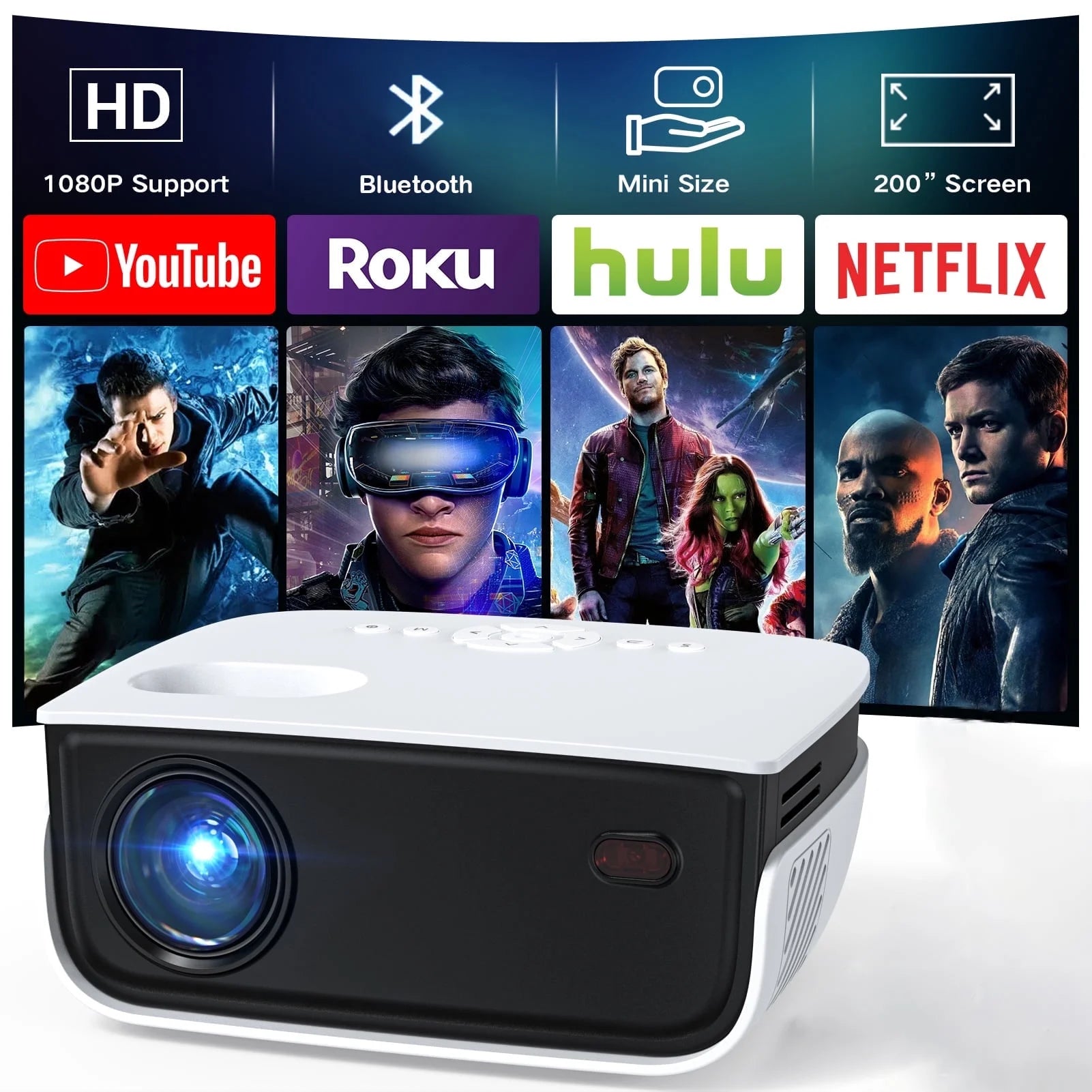 1080P Mini Projector with Bluetooth,Keystone Correction,Up to Support 240'' Screen