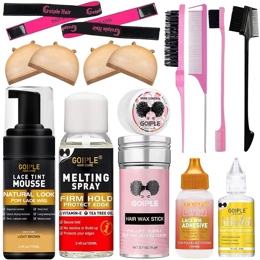 Wig Installation Kit Set for Lace Wig Install Sweat-Resistant Lace Tint Mousse Firm Hold Melting Spray Lace Wig Glue for Wigs