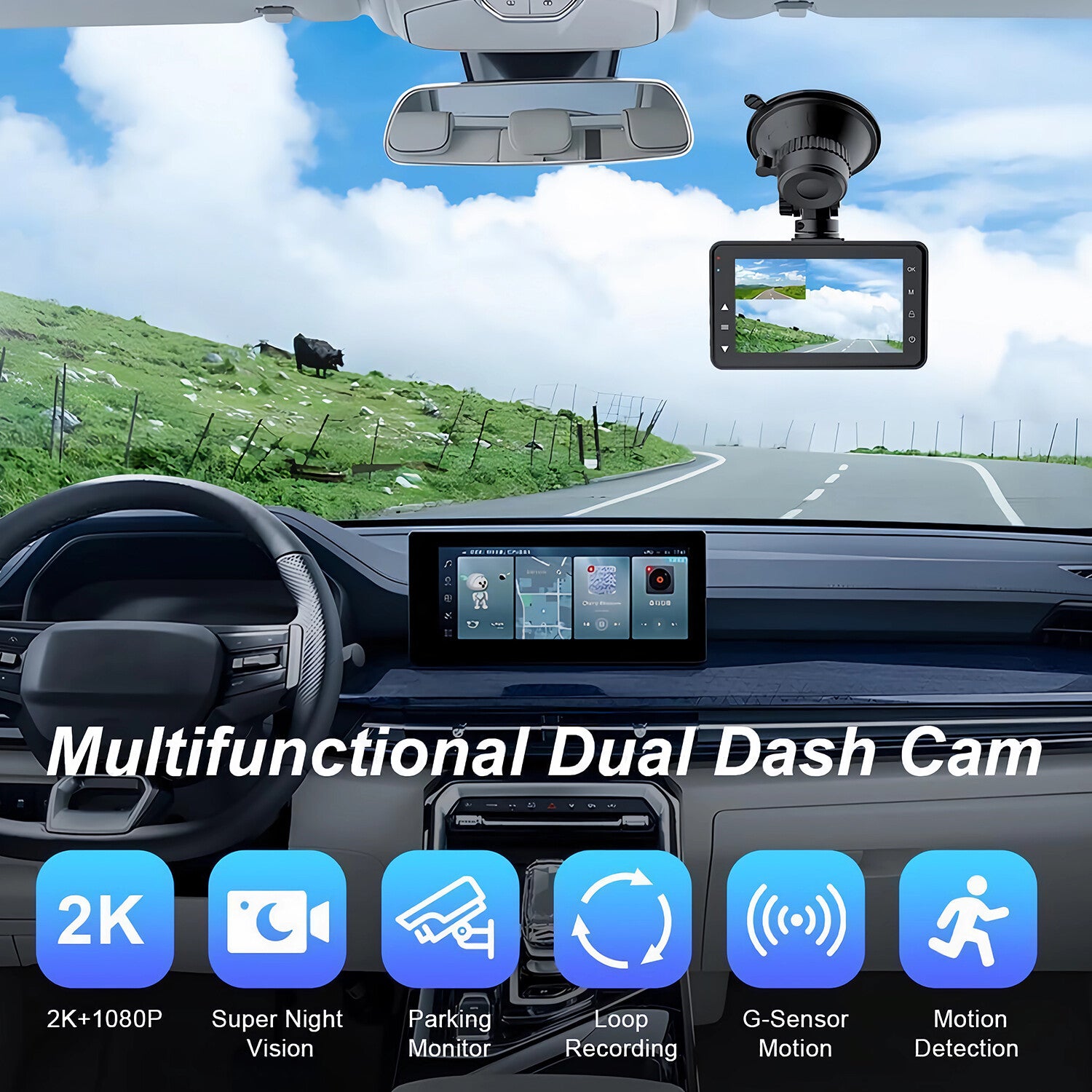 3'' Ultra HD 2K Dash Cam Front and Rear Dual Dash Camera DVR W/ 64GB SD Card