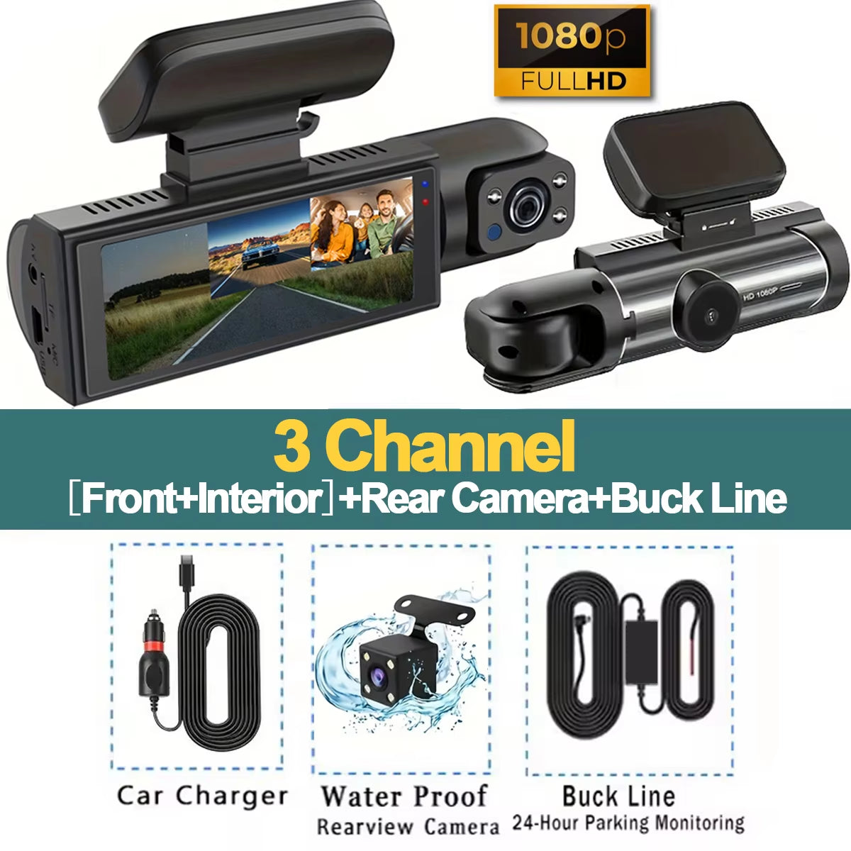Dash Cam Car DVR 1080P Dashcam for Car Surveillance Camera Automobiles 3 Lens Front Rear Interior Vehicle Video Drive Recorder