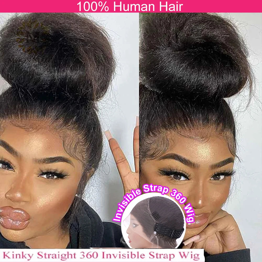 Invisible Strap 360 HD Full Lace Glueless Wig Kinky Straight Frontal Wig 250 Density Yaki Straight Lace Front Human Hair Wig