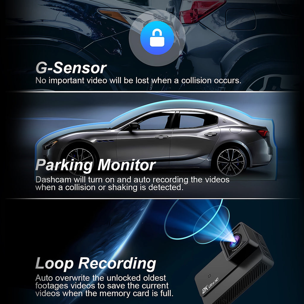 3'' Ultra HD 2K Dash Cam Front and Rear Dual Dash Camera DVR W/ 64GB SD Card