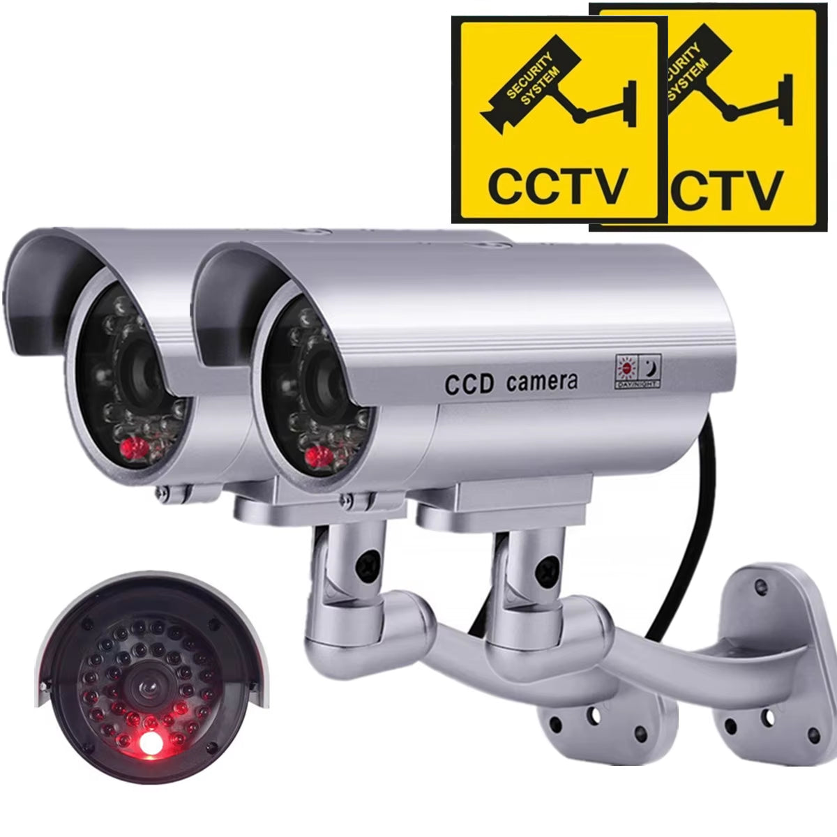 Dummy Fake Camera Surveillance CCTV Outdoor Waterproof IR Red LED Flashing Emulational Security Camera W/ Sticker Decals 2Pcs