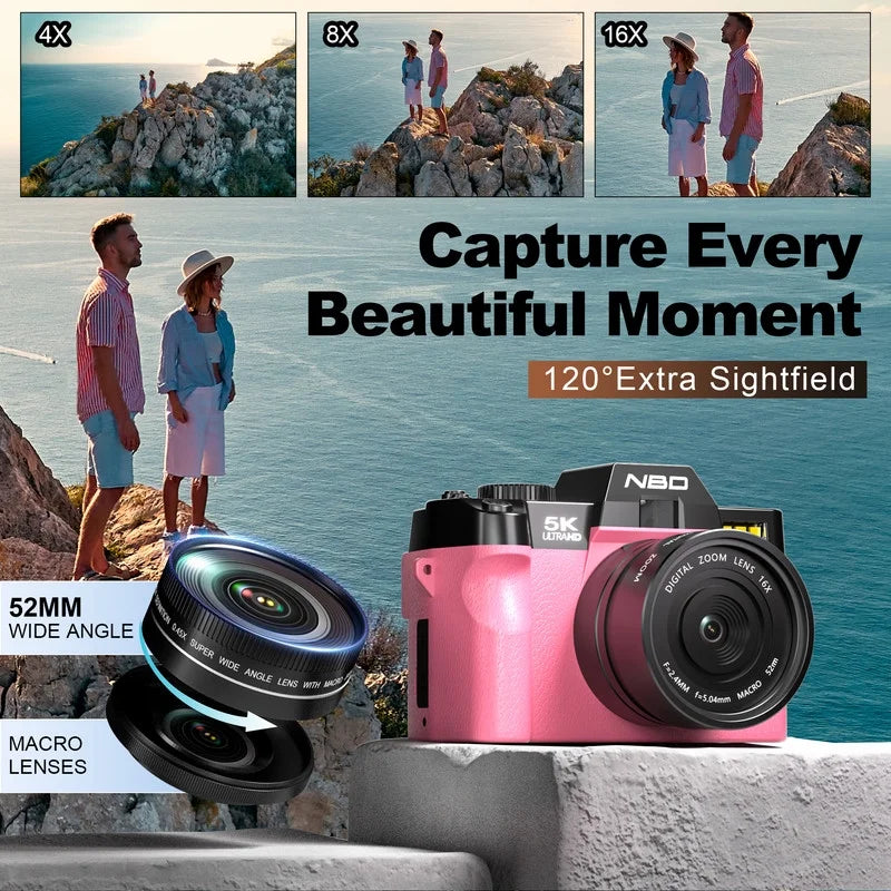 5K Digital Camera for Photography,48Mp Autofocus Vlogging Camera for Youtube with 32GB TF Card，Pink
