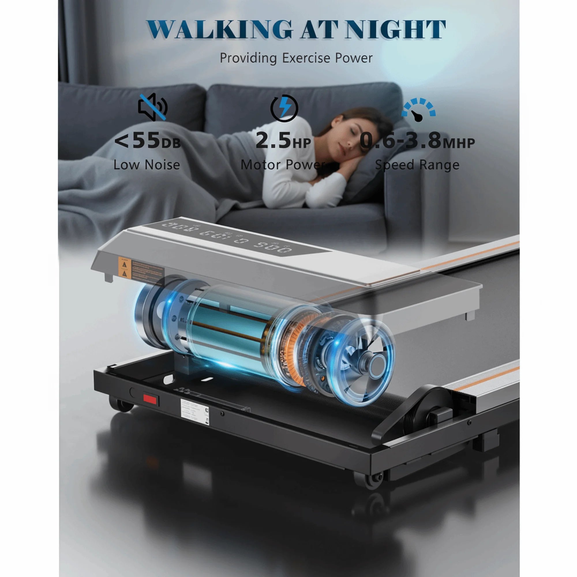 Treadmill Walking Pad 2.5HP with Large LCD Display Portable Wheels and Max Capacity 265Lb for Home Use