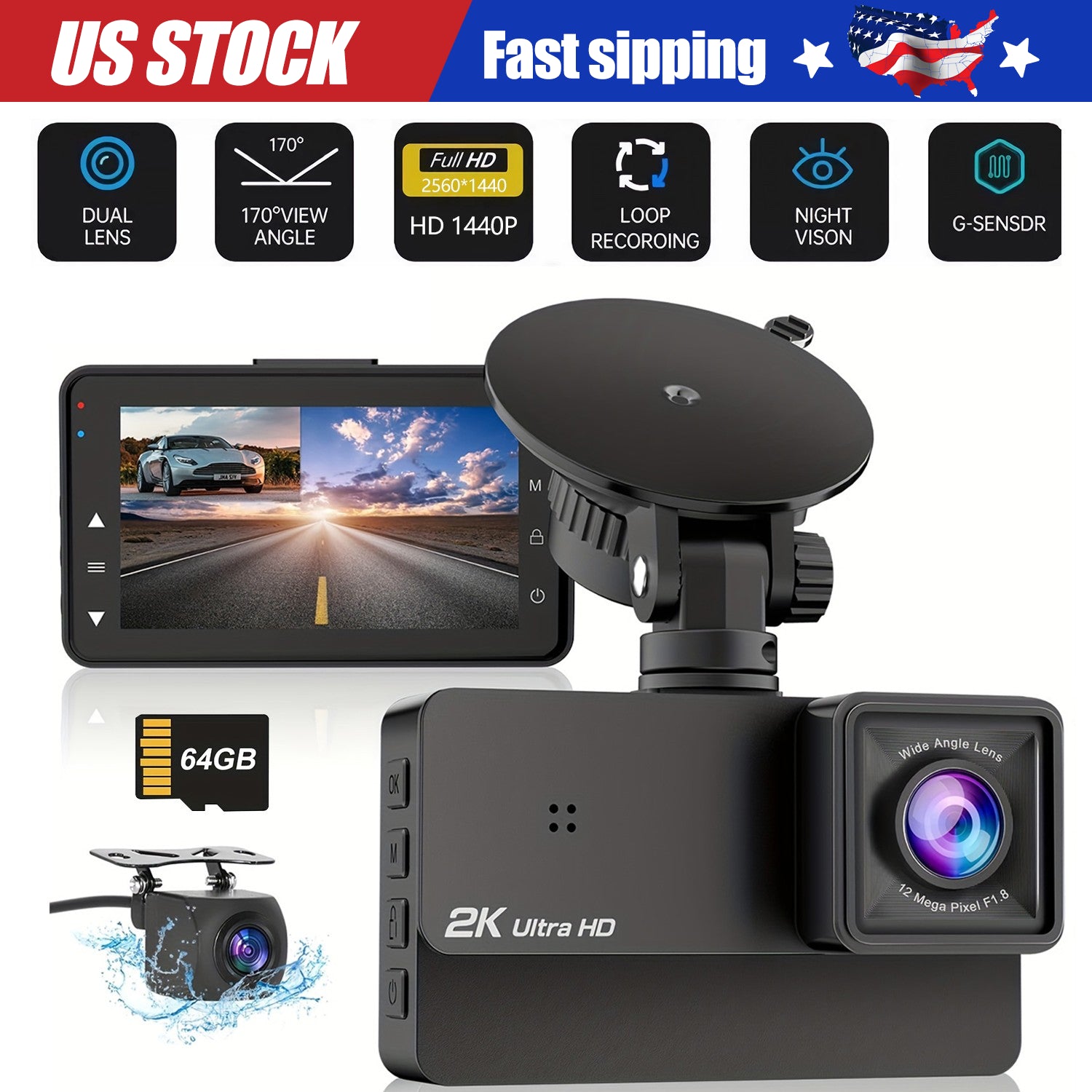 3'' Ultra HD 2K Dash Cam Front and Rear Dual Dash Camera DVR W/ 64GB SD Card
