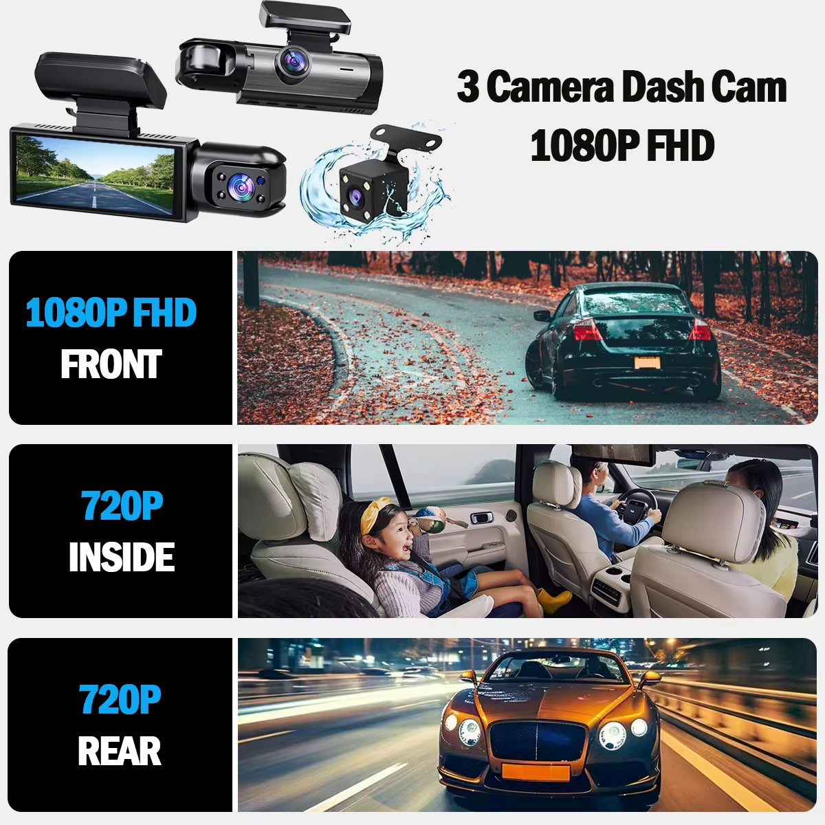 Dash Cam Car DVR 1080P Dashcam for Car Surveillance Camera Automobiles 3 Lens Front Rear Interior Vehicle Video Drive Recorder