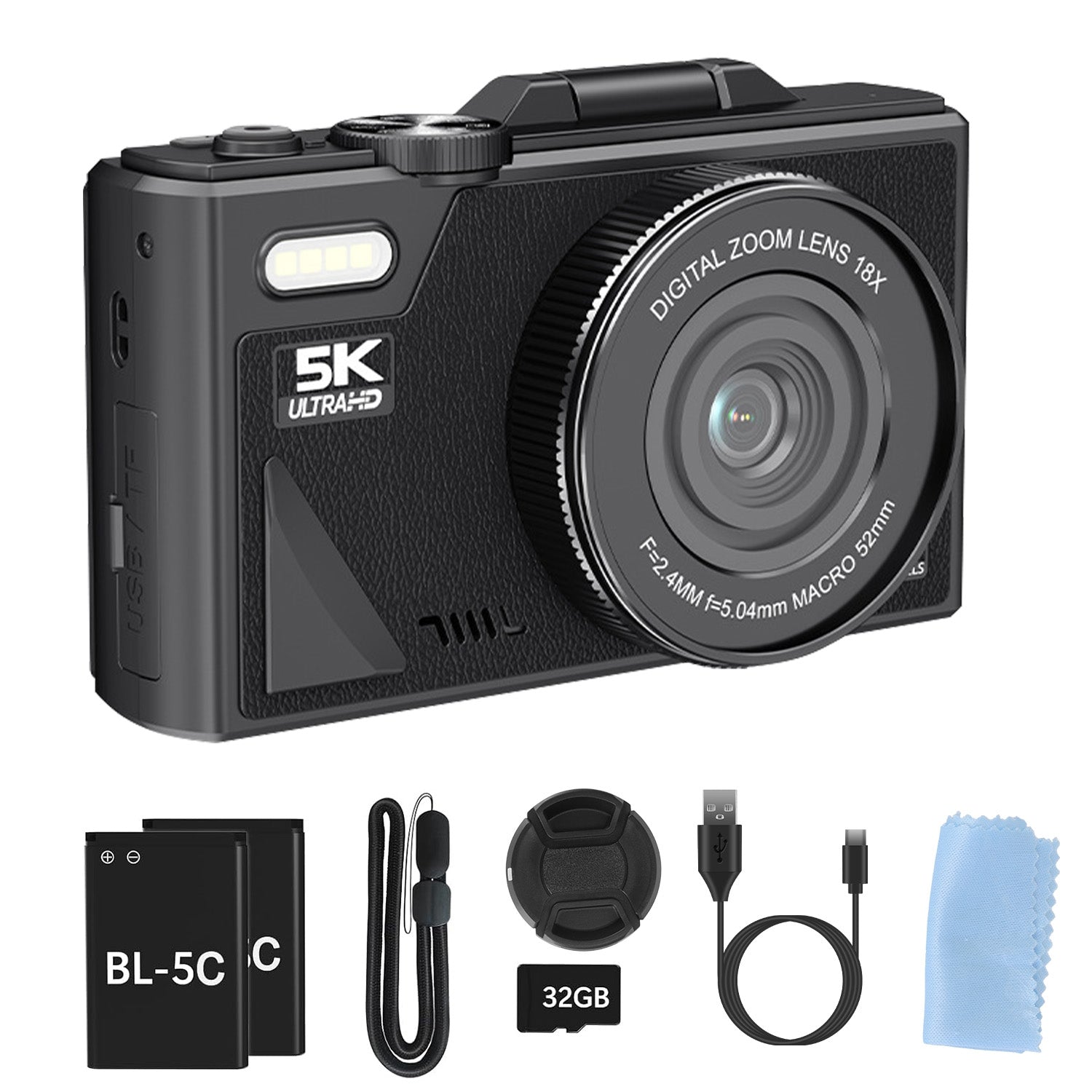 1Pc 5K 75MP Digital Camera for Photography anti Shake Wifi Vlogging Video Camera with 9 Shooting Modes 18X Zoom Fill Light Webcam Function 2 Batteries 32G MMC Card 180Degree Flip IPS Screen