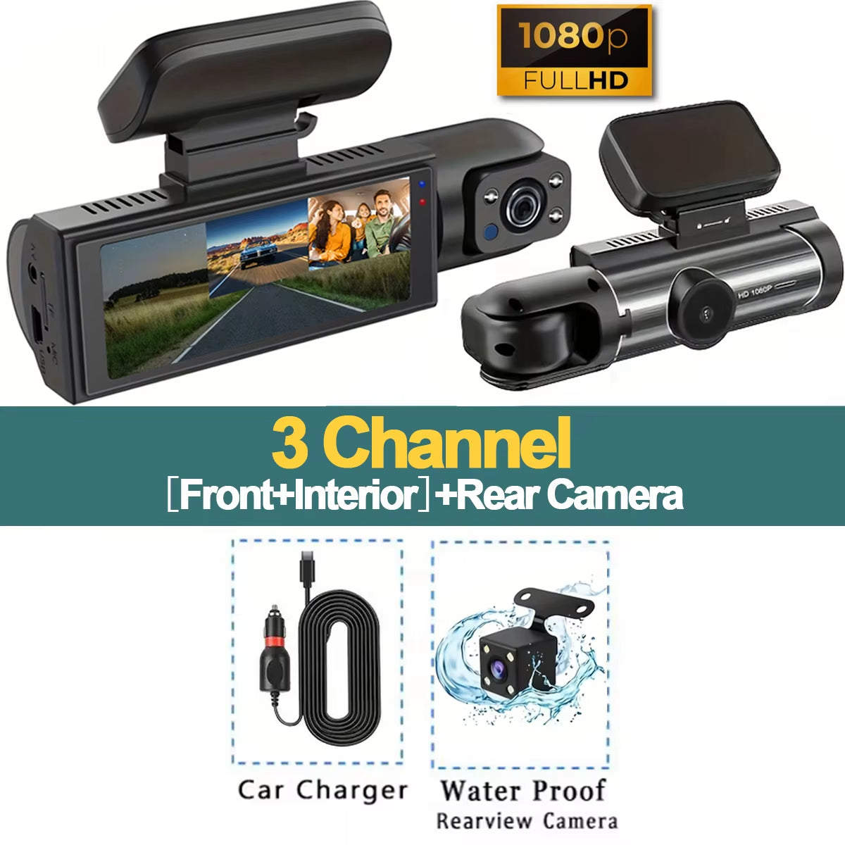 Dash Cam Car DVR 1080P Dashcam for Car Surveillance Camera Automobiles 3 Lens Front Rear Interior Vehicle Video Drive Recorder