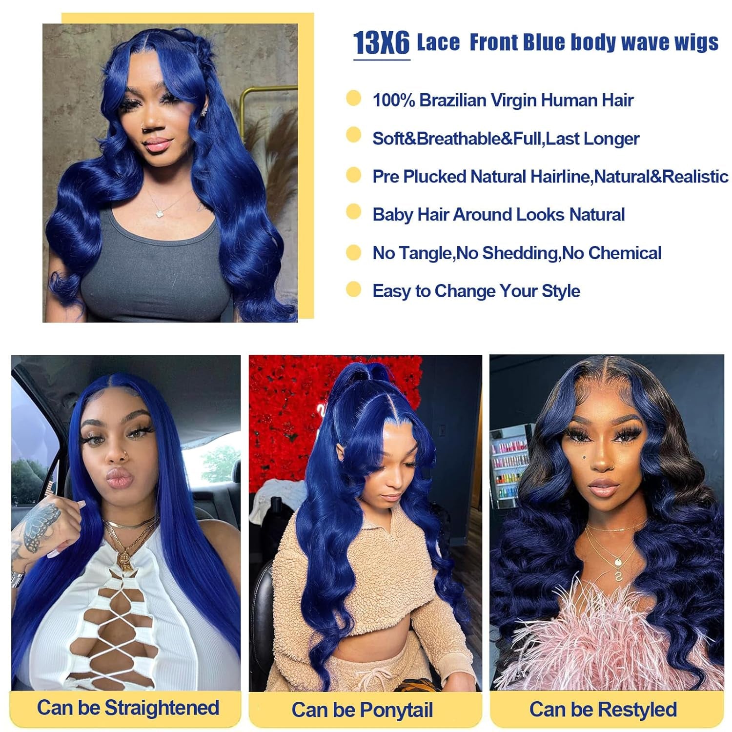 Blue Lace Front Wigs Human Hair 13X6 Dark Blue Body Wave Lace Front Wig Human Hair Pre Plucked180% Density Royal Blue Hd Lace Frontal Glueless Wigs Human Hair for Black Women 22 Inch