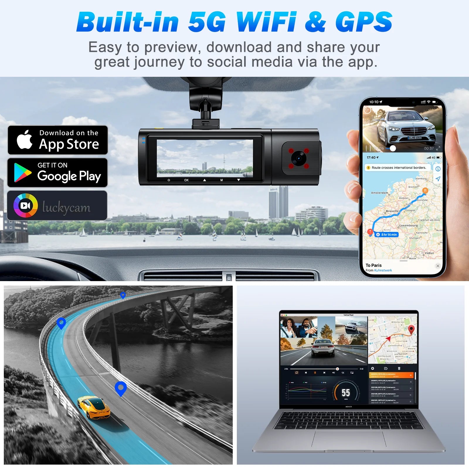 Dash Cam Front and Rear, 4K Full HD Dash Camera with Built-In Wifi GPS, Super Night Vision, WDR, 24H Parking Mode, 32GB Card Included