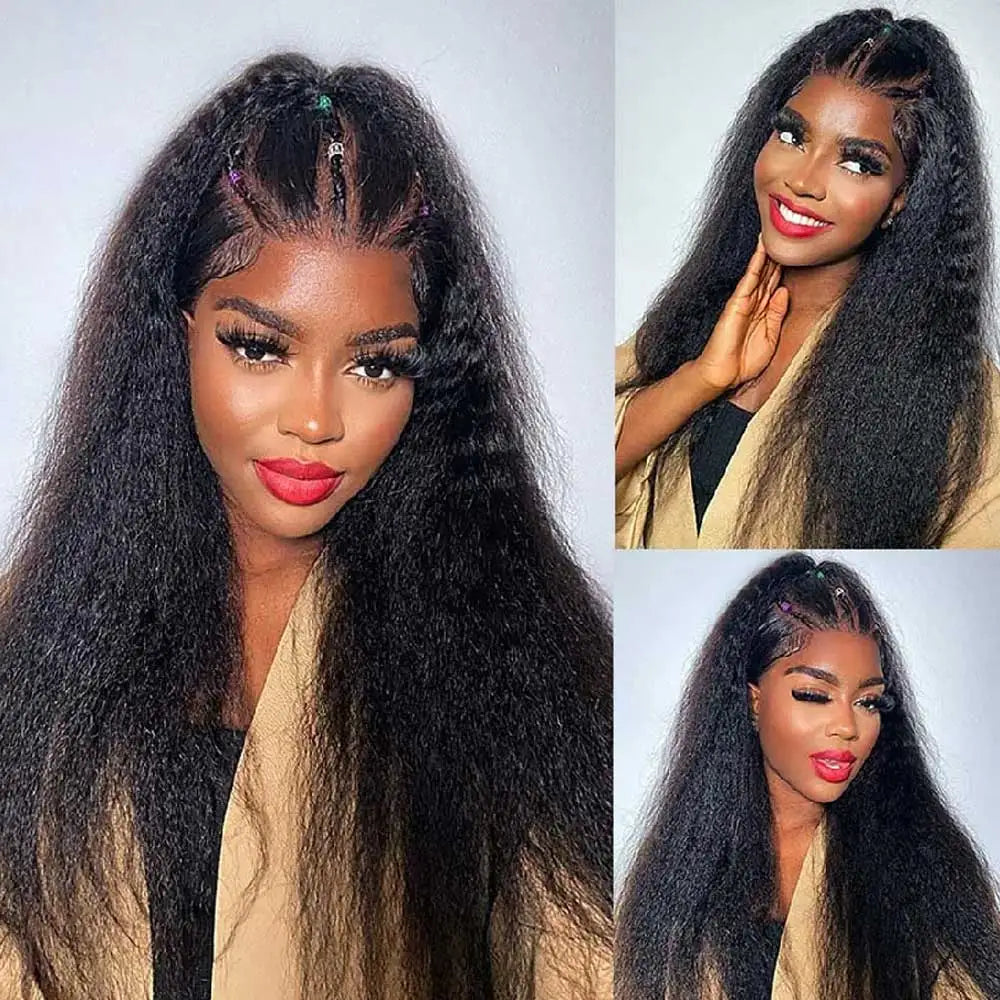 Invisible Strap 360 HD Full Lace Glueless Wig Kinky Straight Frontal Wig 250 Density Yaki Straight Lace Front Human Hair Wig