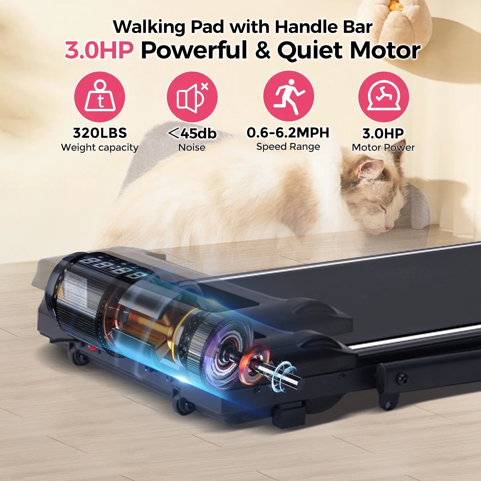 Folding Treadmill with Handles for Home Workouts,Portable Treadmill Compact under Desk Foldable Walking Pad Treadmills with LED Display,320Lbs Capacity