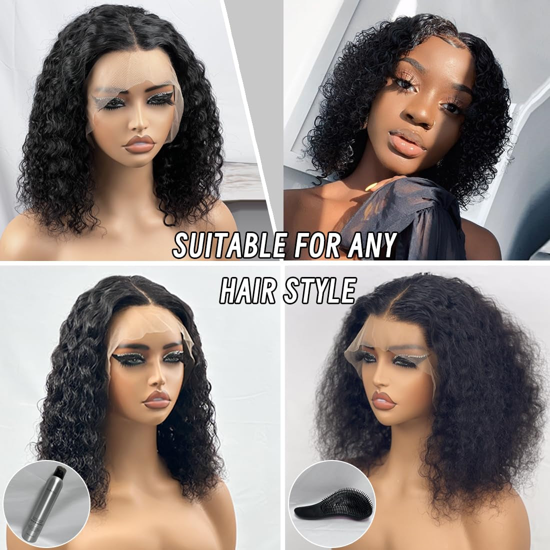 16 Inch Short Deep Curly Lace Front Wigs Human Hair 13X4 HD Transparent 180% Density Pre Plucked Baby Hair Curly Bob Human Hair Wigs Natural Black
