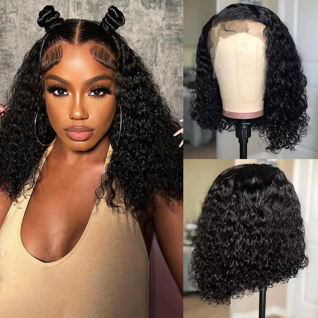 16 Inch Short Deep Curly Lace Front Wigs Human Hair 13X4 HD Transparent 180% Density Pre Plucked Baby Hair Curly Bob Human Hair Wigs Natural Black