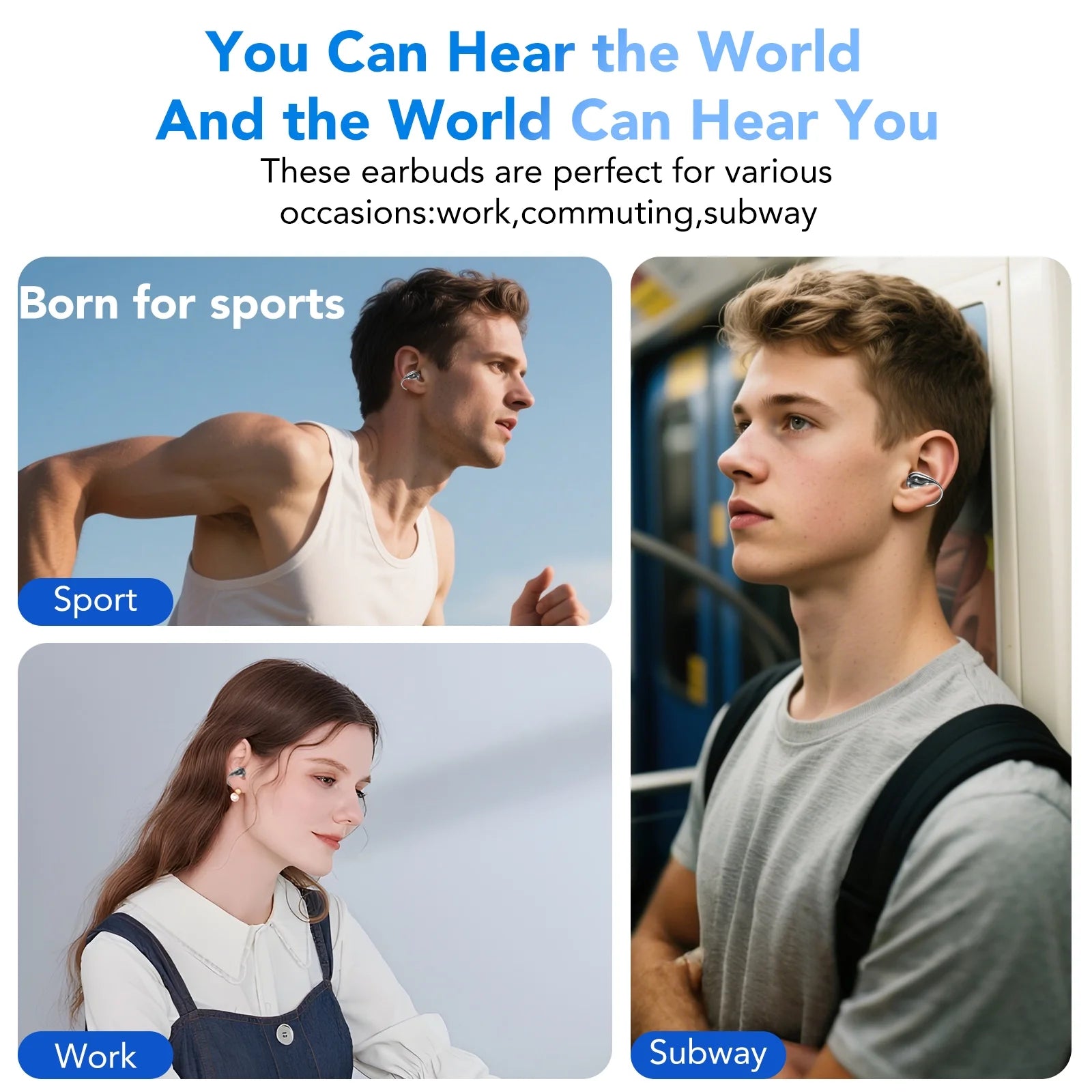 Open Ear Earbuds, Wireless Earbuds, Bluetooth Headphones with Mic, Adaptive Noise Cancelling Calls, Bluetooth 5.4, 50H Playtime, Light Weight, Clip on Earbuds for Workout/Running (Black)