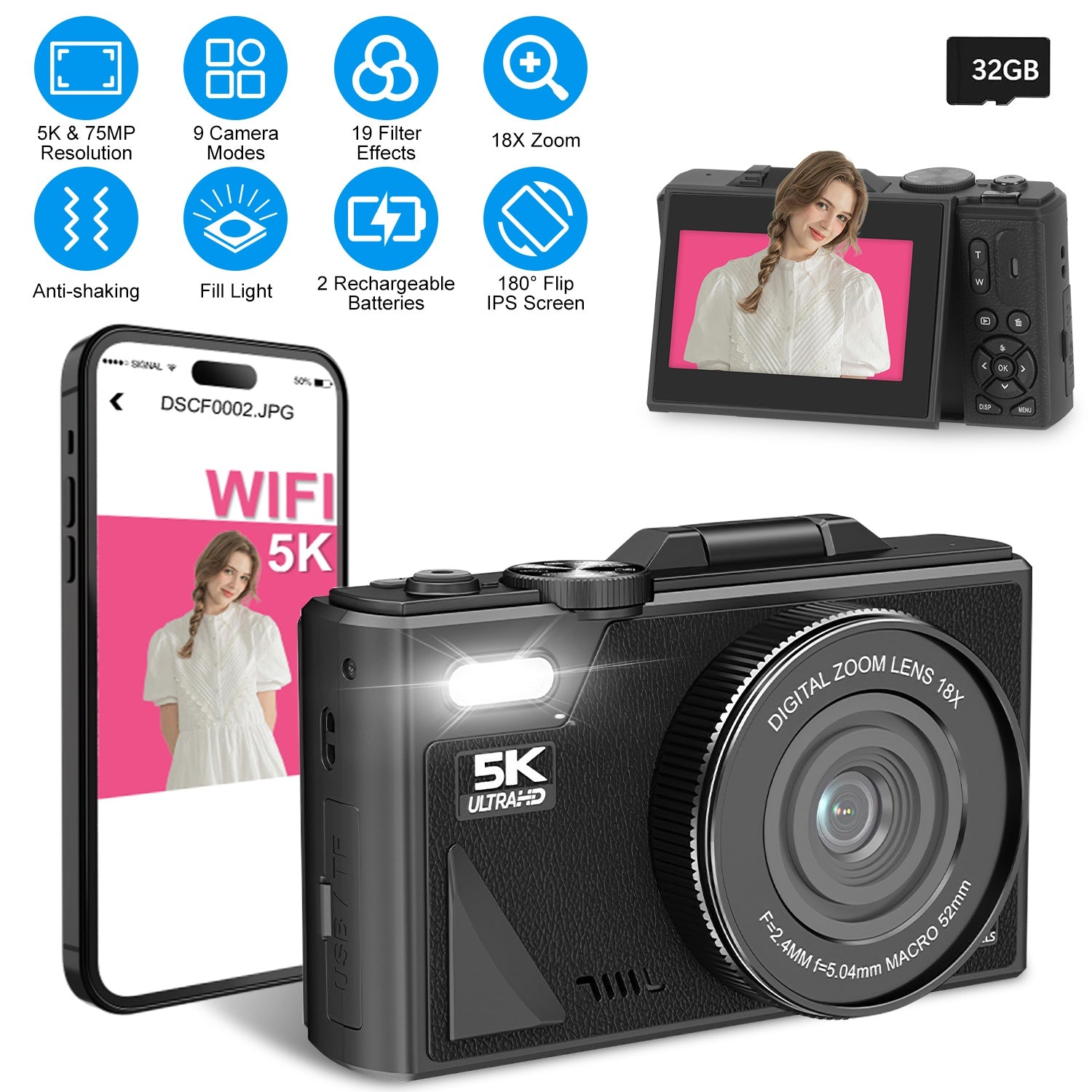 1Pc 5K 75MP Digital Camera for Photography anti Shake Wifi Vlogging Video Camera with 9 Shooting Modes 18X Zoom Fill Light Webcam Function 2 Batteries 32G MMC Card 180Degree Flip IPS Screen