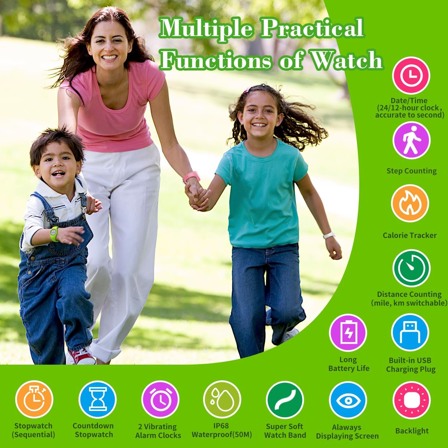 Pedometer Watch Wristwatch with 2 Alarm Clocks, Stopwatch, Always on Display, Sports Watch Distance/Calorie/Step Counter for Women (Green)