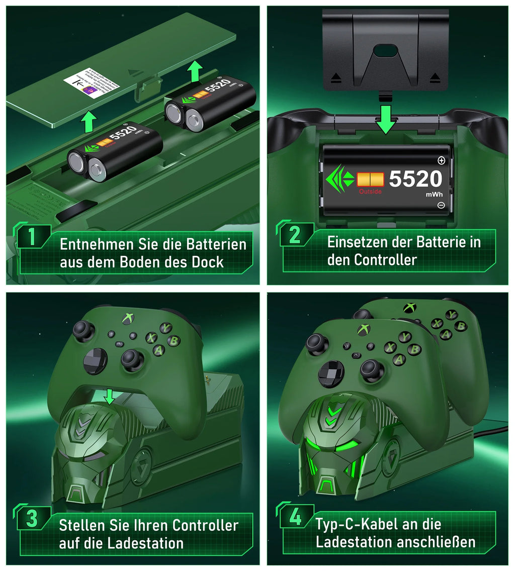 Xbox Controller Charger,  Xbox Charging Station with 2X5520Mwh Rechargeable Battery Packs for Xbox One/Series X|S /Elite Controller-Green