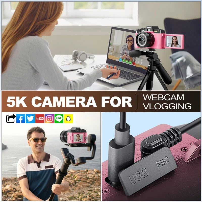 5K Digital Camera for Photography,48Mp Autofocus Vlogging Camera for Youtube with 32GB TF Card，Pink