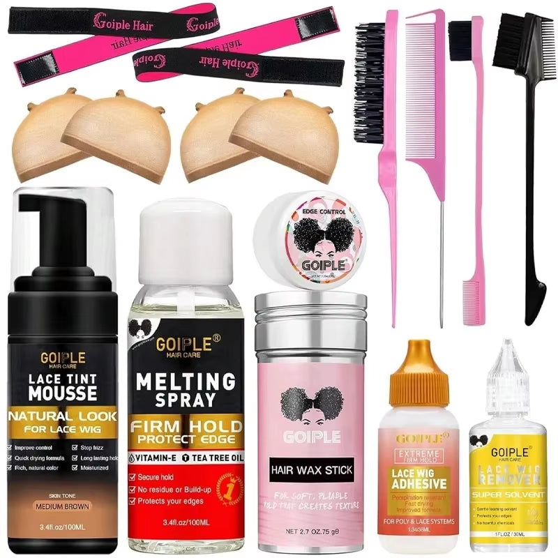 Wig Installation Kit Set for Lace Wig Install Sweat-Resistant Lace Tint Mousse Firm Hold Melting Spray Lace Wig Glue for Wigs