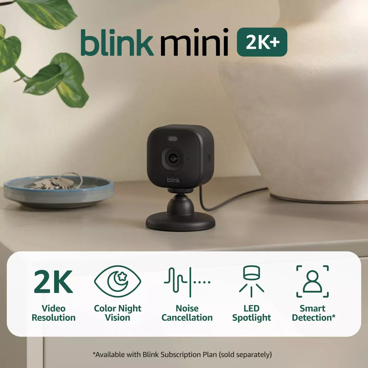 Blink Mini 2K+ Compact Plug-In Security Camera, 2K Video Resolution, Color Night Vision, Enhanced Audio. 1 Camera