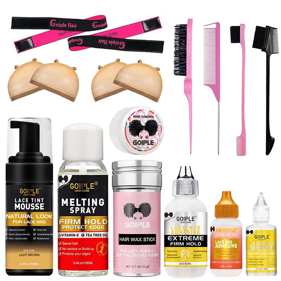 Wig Installation Kit Set for Lace Wig Install Sweat-Resistant Lace Tint Mousse Firm Hold Melting Spray Lace Wig Glue for Wigs