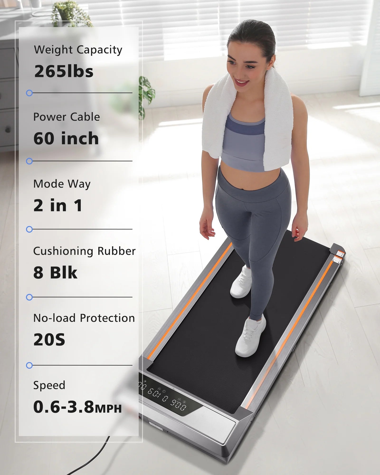 Treadmill Walking Pad 2.5HP with Large LCD Display Portable Wheels and Max Capacity 265Lb for Home Use