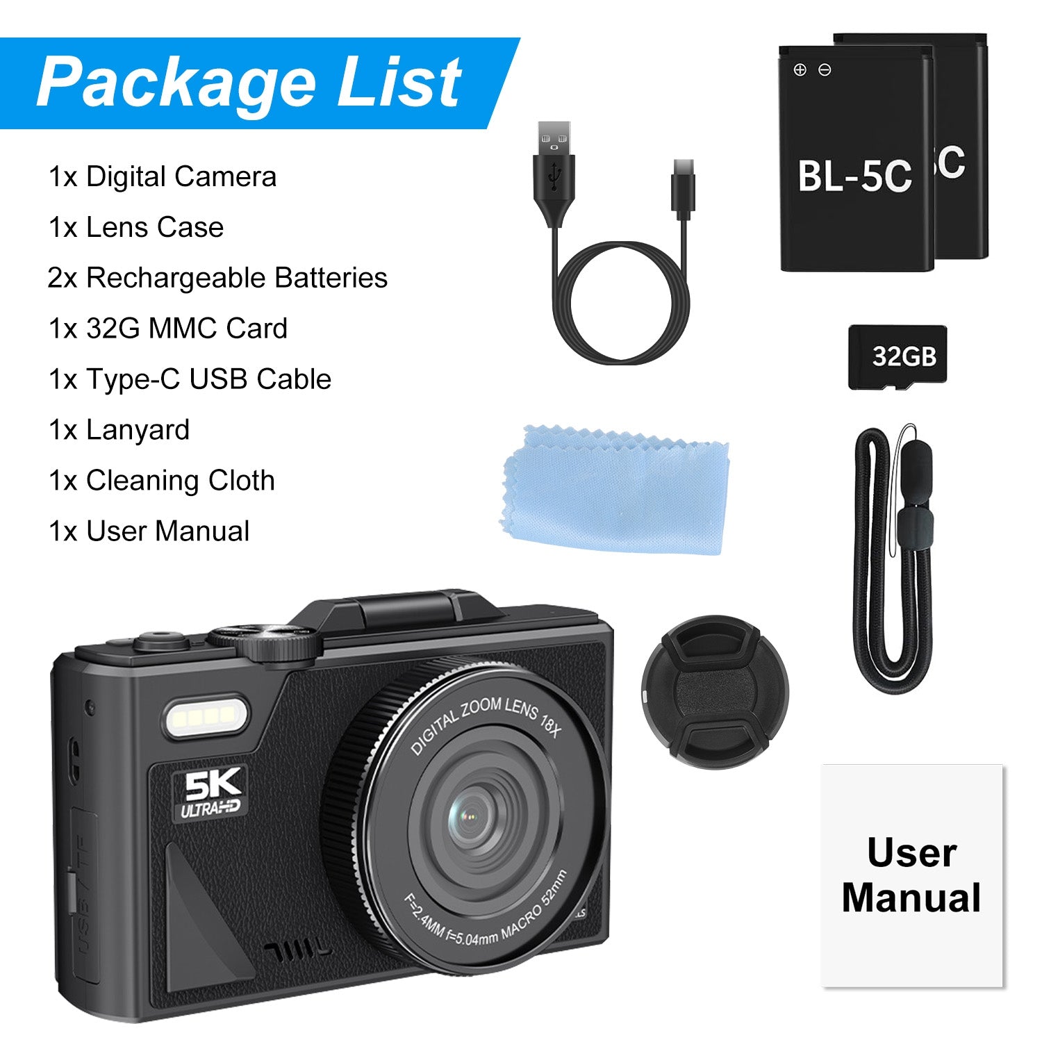 1Pc 5K 75MP Digital Camera for Photography anti Shake Wifi Vlogging Video Camera with 9 Shooting Modes 18X Zoom Fill Light Webcam Function 2 Batteries 32G MMC Card 180Degree Flip IPS Screen